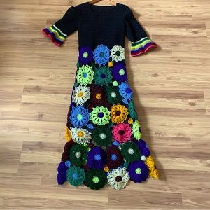Rare VTG Gypsy Rose Multi Colored Floral Handmade Crochet Maxi Dress S/M